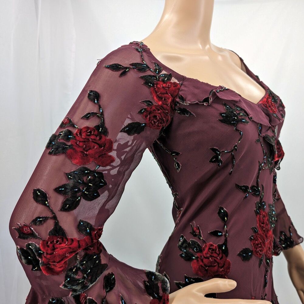 Vintage 1990s y2k Sue Wong Midi Dress Whimsygoth Floral Beaded Silk Fairy Size 2 - Picture 5 of 14
